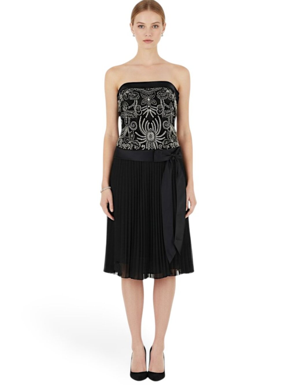 Kay Unger Black Beaded Embroidered Bodice Pleated Skirt Strapless Party Dress 2